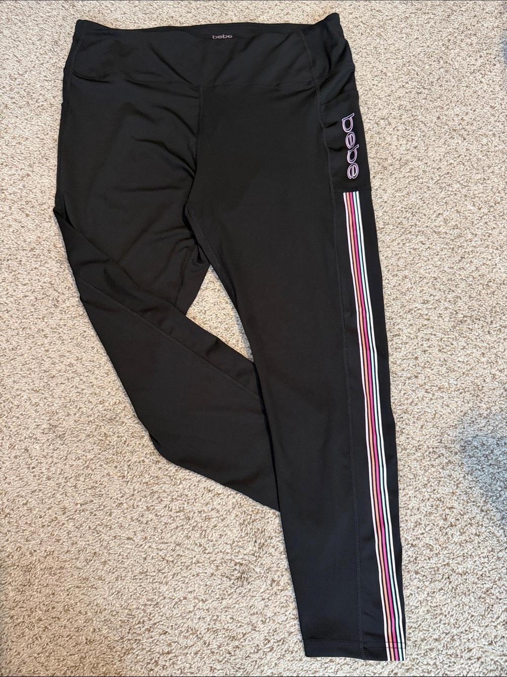 bebe Black Leggings with Pink and White Side Stripes and pockets, NWOT 3X
